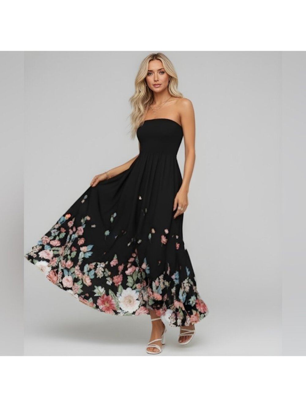 Black Floral Print A- Line Tube Dress